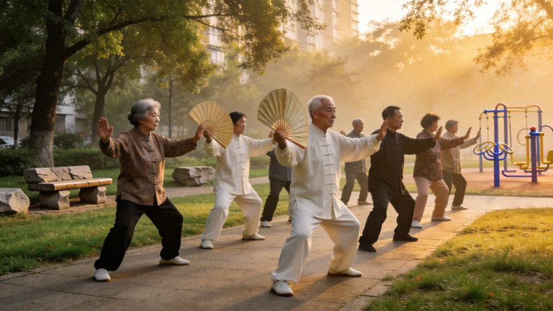 清晨社区居民在公园集体练习太极拳的和谐场景