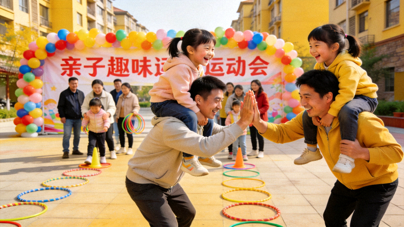 社区组织的亲子趣味运动会中家长与孩子共同参与游戏的温馨画面