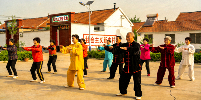 乡村文化广场上村民正在进行广场舞锻炼，背景是新农村建筑