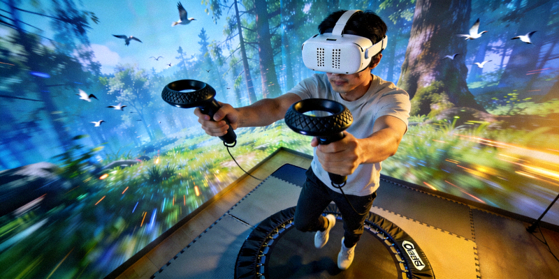 虚拟现实VR健身设备 - 用户佩戴VR头盔进行沉浸式运动游戏