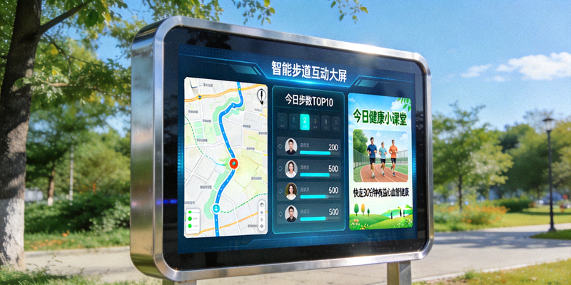 智能步道互动大屏 - 显示步道地图、运动排名和健康知识的户外显示屏