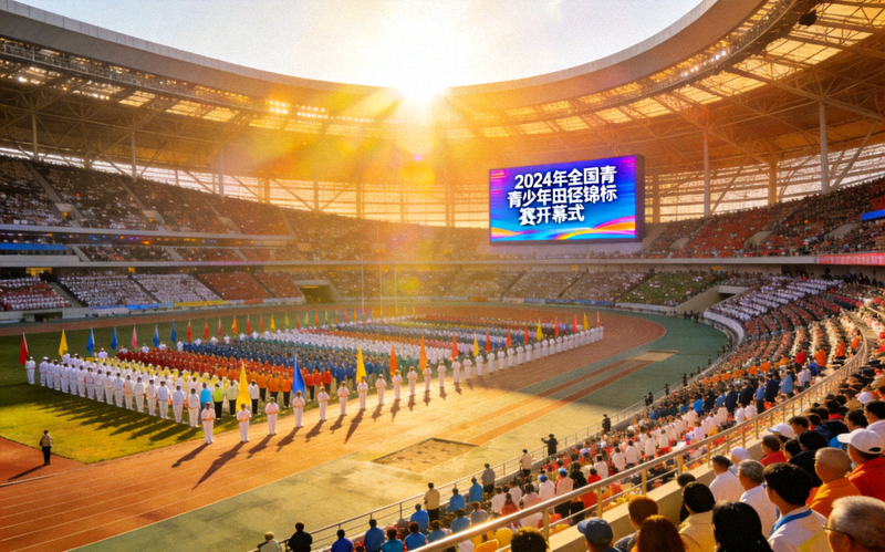 2024年全国青少年田径锦标赛开幕式全景，体育场内座无虚席，运动员方阵整齐列队