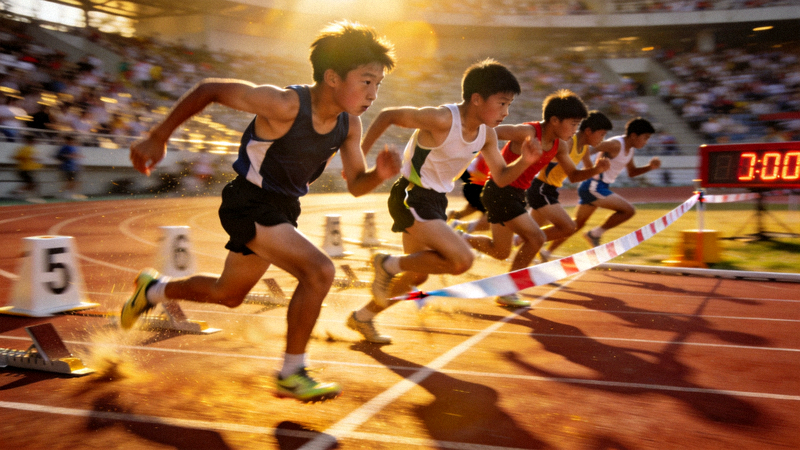 男子100米决赛冲刺瞬间，多名青少年运动员全力冲线