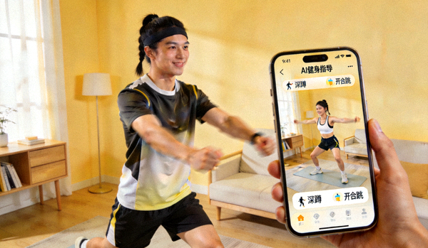 年轻人在家中跟随AI健身操进行锻炼，手机屏幕显示动作指导