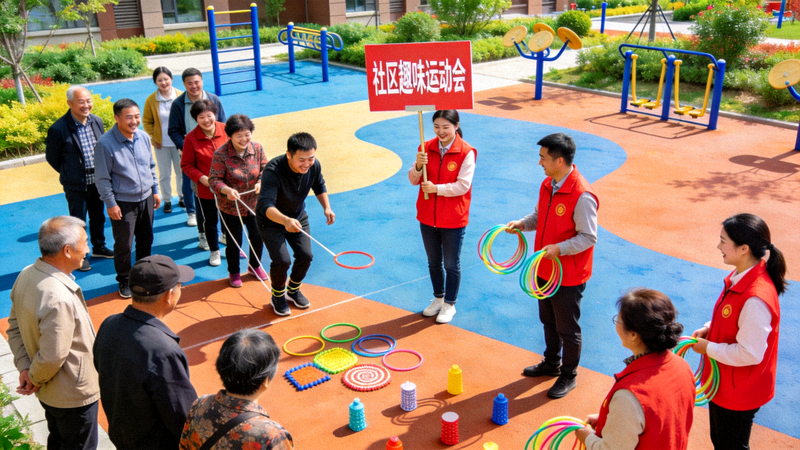 社区志愿者在新建的健身广场上组织居民进行趣味运动会