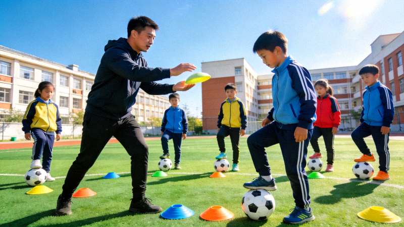 学校体育课上，学生们在专业教练指导下进行足球基础训练