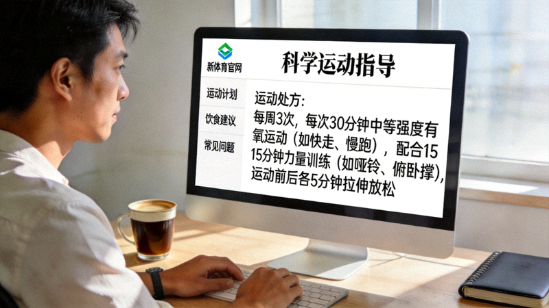 用户正在浏览新体育官网的科学运动指导专栏，屏幕显示运动处方内容