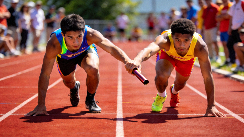 4x100米接力赛中，运动员在交接棒区精准传递接力棒