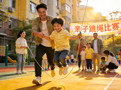 家庭组队参加社区亲子跳绳比赛，其乐融融