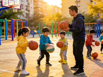 社区广场上，孩子们在教练指导下进行趣味篮球训练