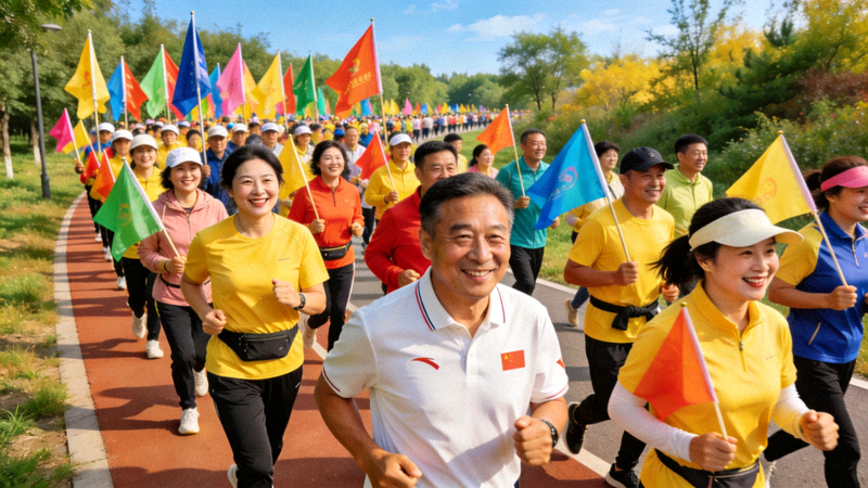 众多社区居民在绿道上进行健步走活动，队伍绵延，气氛热烈