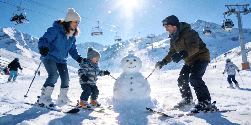 滑雪场里大人小孩一起体验冰雪运动的快乐瞬间