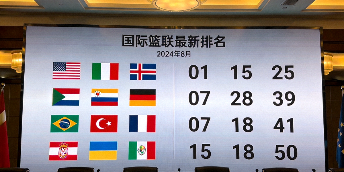 国际篮联最新排名发布会现场大屏幕展示各国国旗与积分
