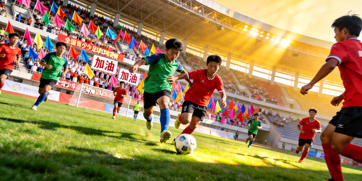 全国青少年足球锦标赛决赛现场，双方球员在绿茵场上激烈拼抢，观众席座无虚席，气氛热烈
