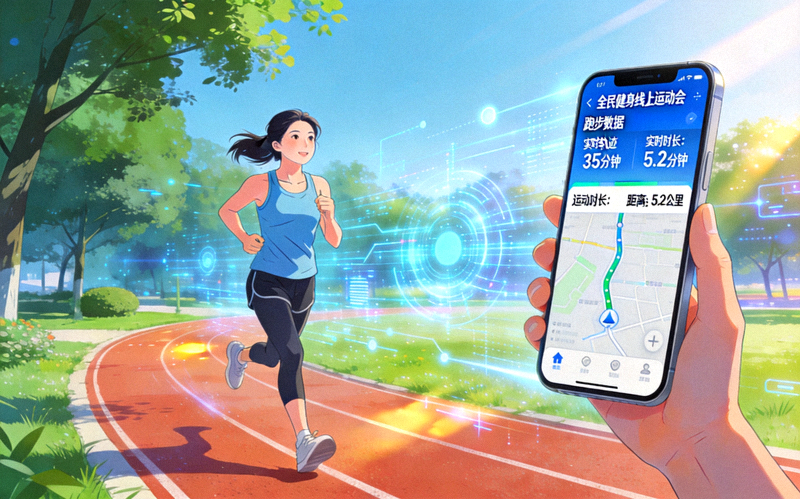 全民健身线上运动会参与者通过手机APP记录跑步数据，背景为城市公园与数字界面融合