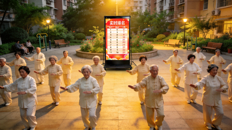 社区广场上中老年人整齐划一地参与线上广场舞大赛，大屏幕显示实时排名