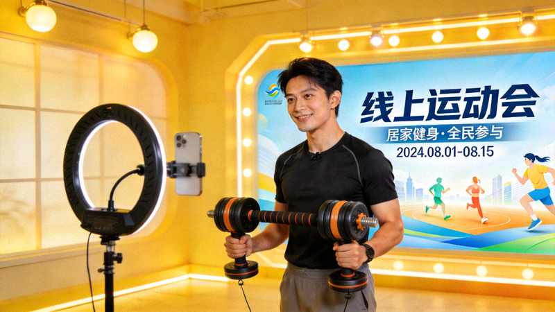 运动专家在直播间分享居家健身技巧，背景为线上运动会宣传海报