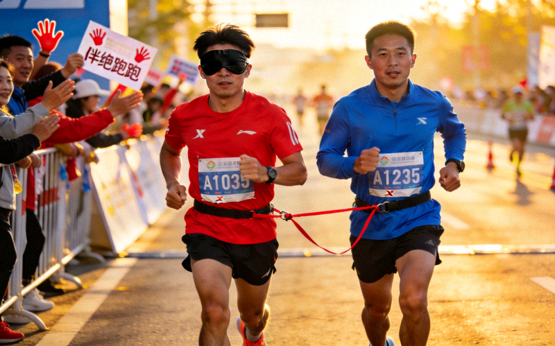 视障跑者在陪跑员引导下参加马拉松比赛，两人通过牵引绳并肩奔跑