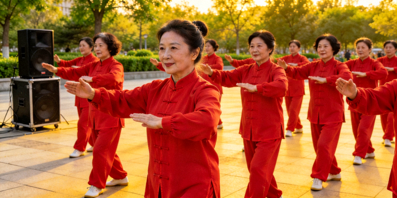 广场舞阿姨们穿着统一服装在广场上跳健身操