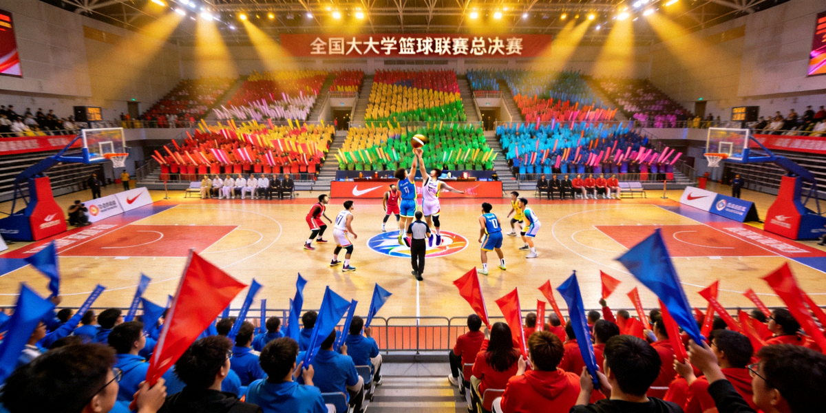 全国大学生篮球联赛总决赛现场全景，座无虚席的体育馆内球员正在激烈跳球，观众挥舞旗帜热情呐喊