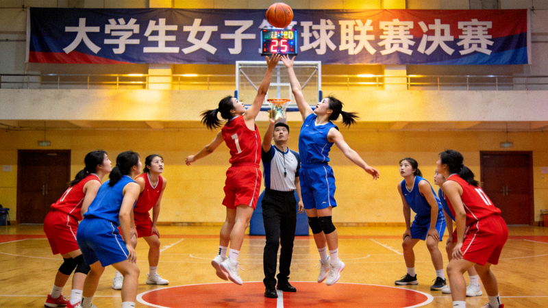 大学生女子篮球联赛决赛，女篮队员跳球开赛