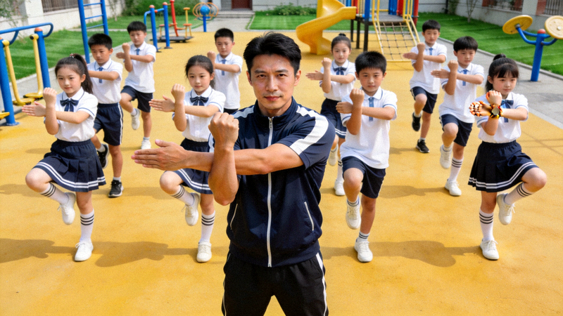 社区公益体育课上，教练带领孩子们做热身运动
