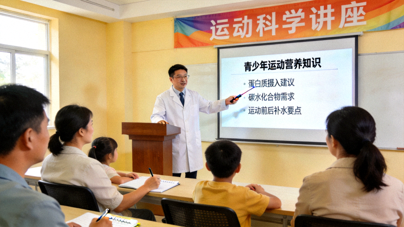 运动科学讲座上，专家正在向家长讲解青少年运动营养知识