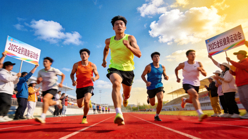 2025年全民健身运动会现场，运动员在田径场上冲刺