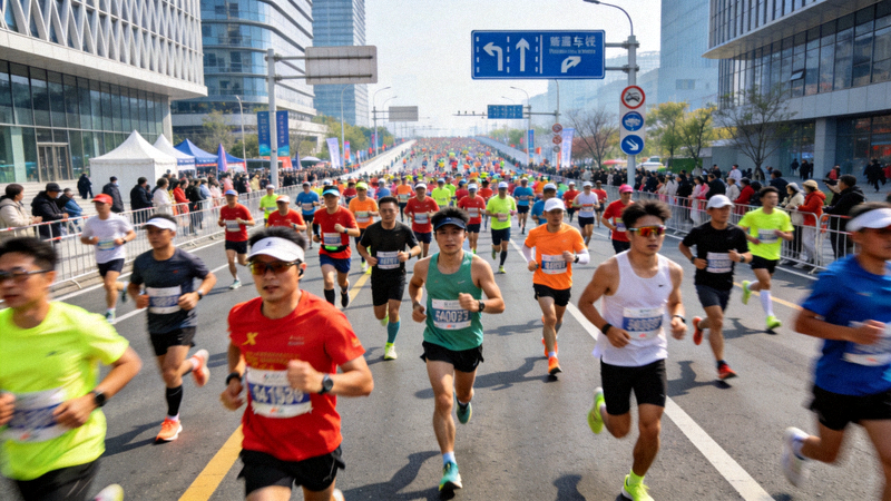 城市马拉松比赛中数以千计的跑者奔跑在宽阔的城市主干道上