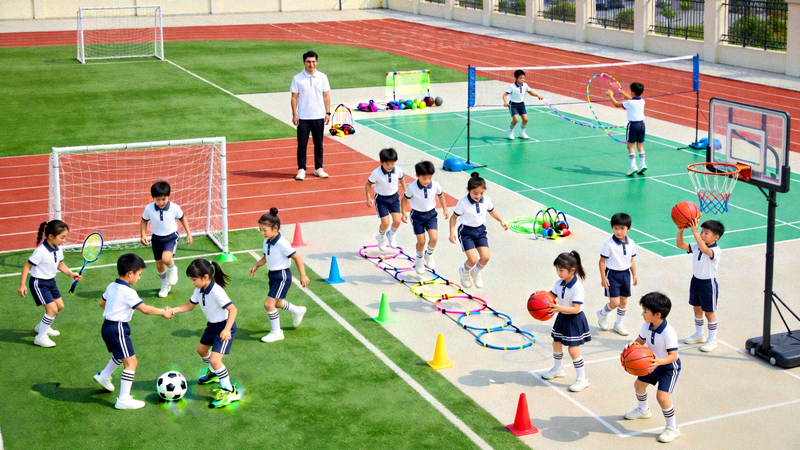多元化青少年体育培训场景，孩子们参与足球、篮球等多种运动