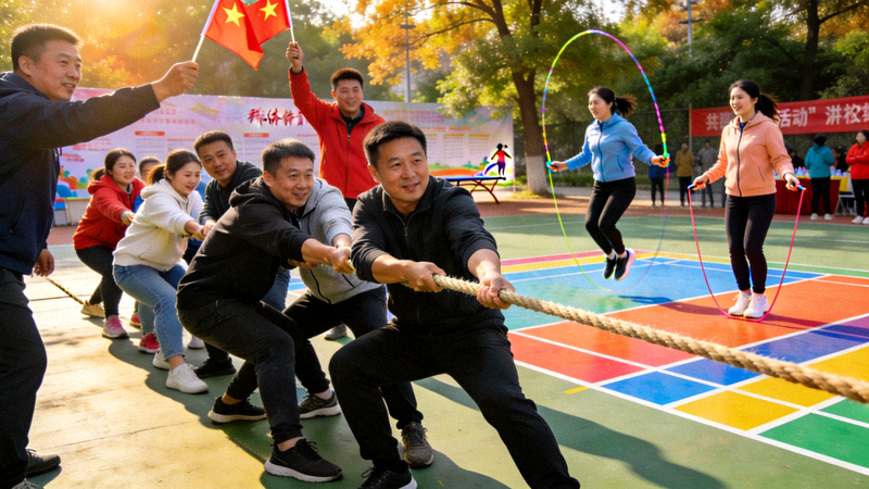 群众体育活动现场，市民参与拔河、跳绳等趣味运动