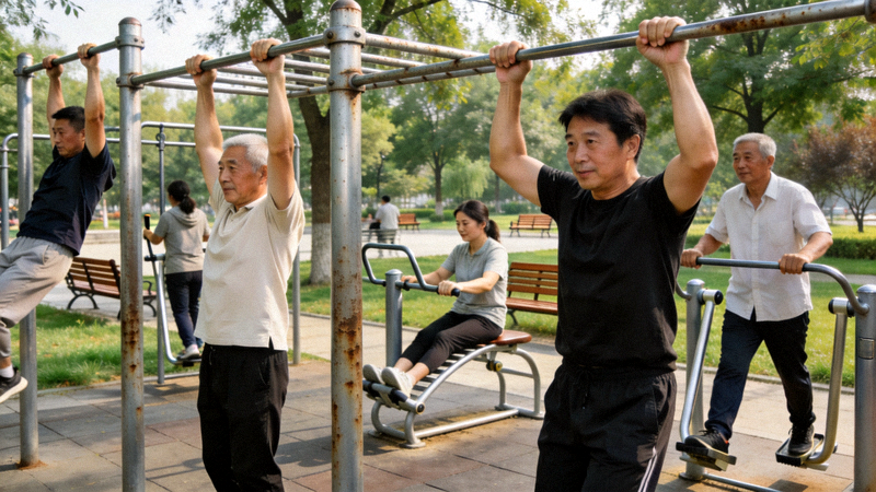 市民在城市公园健身路径上进行力量训练的画面