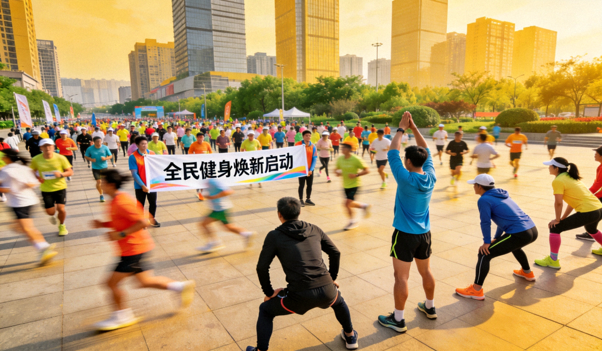 全民健身活动焕新启动现场，众多市民在城市广场参加集体跑步与健身活动