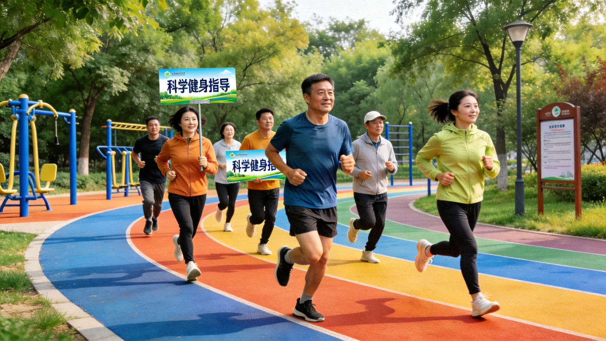 社区居民在户外公园一起跑步锻炼，践行科学健身指导活动倡导的健康生活方式