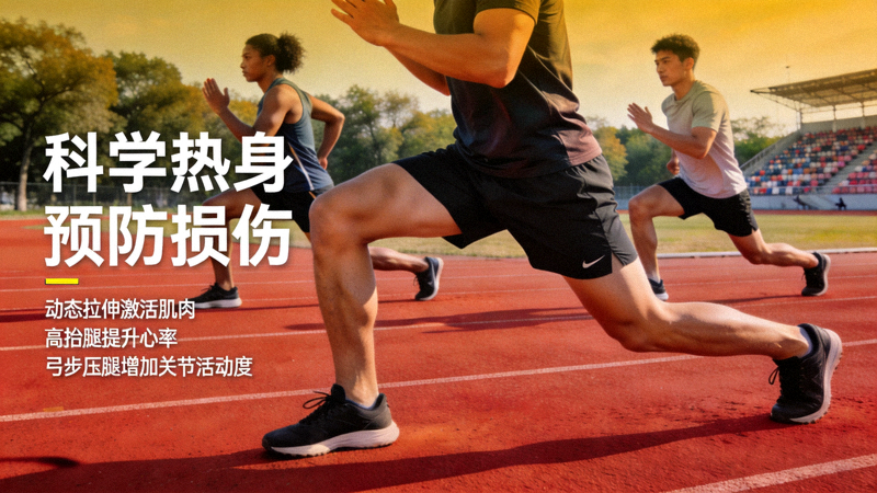 运动员在跑道上进行热身训练，体现科学健身中热身环节的重要性
