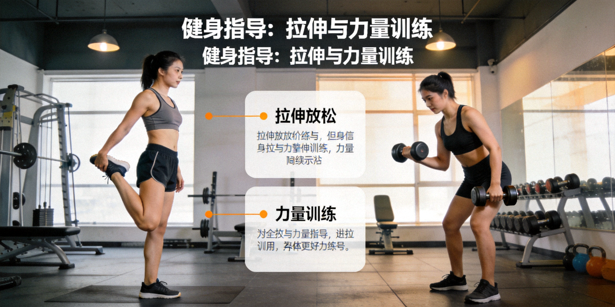 健身者在室内进行拉伸与力量训练的健身指导场景