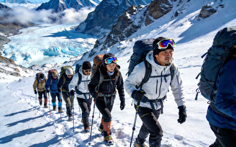 户外爱好者结伴徒步登山，冰雪与山地运动持续升温的户外场景