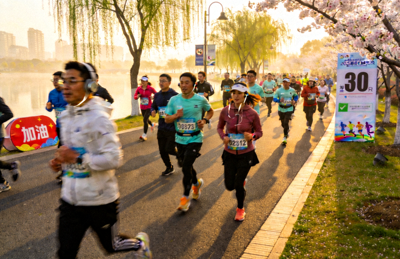 城市公园清晨路跑活动现场，众多市民沿着湖边跑道奔跑