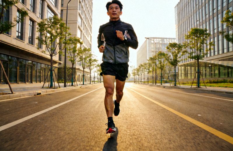 跑者在城市道路上进行长跑训练，步伐稳健