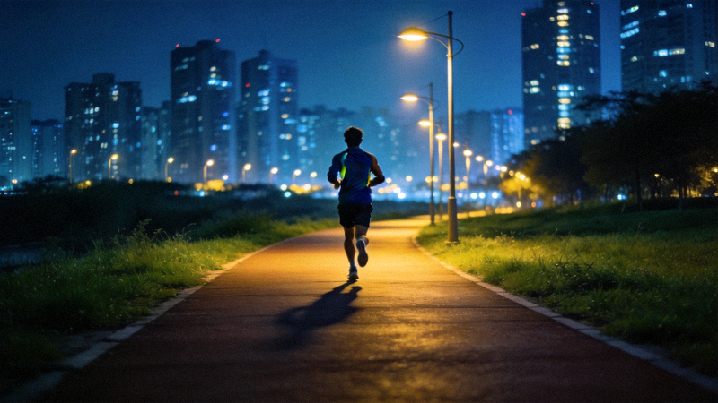 夜晚的城市绿道上，夜跑者沿着灯光下的步道匀速前行，远处高楼灯火通明