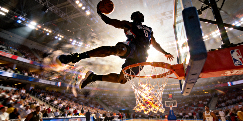 NBA篮球赛场扣篮精彩瞬间，球员高高跃起完成暴扣