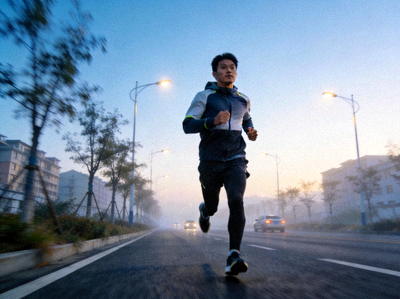 跑者在城市道路上进行晨跑训练的画面