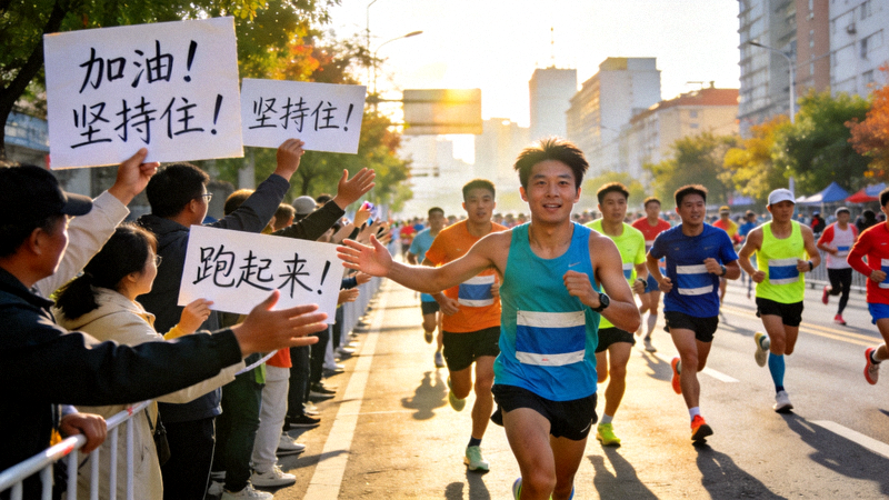 城市马拉松赛道上参赛选手奋力奔跑，沿途市民举牌加油助威的画面