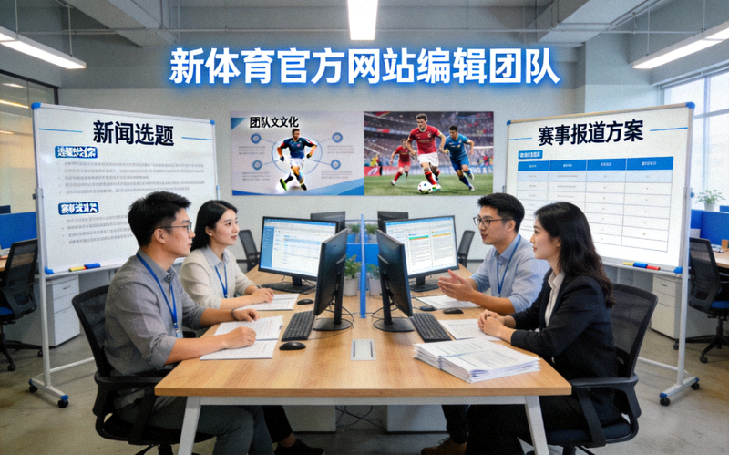 新体育官方网站编辑团队在开放式办公区讨论新闻选题与赛事报道方案